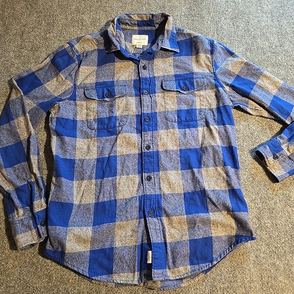 American Eagle Flannel Shirt Mens Medium Blue Plaid Medium Button Front Cotton